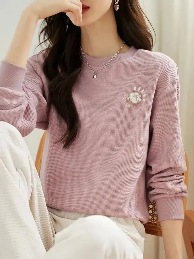 Autumn New Solid Color Embroidered Sweatshirts Women Classic Long Sleeve O-collar All-match Loose Fashion Comfortable Top 2022