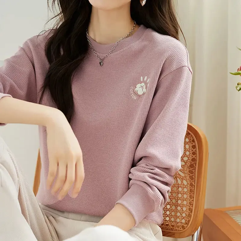 Autumn New Solid Color Embroidered Sweatshirts Women Classic Long Sleeve O-collar All-match Loose Fashion Comfortable Top 2022