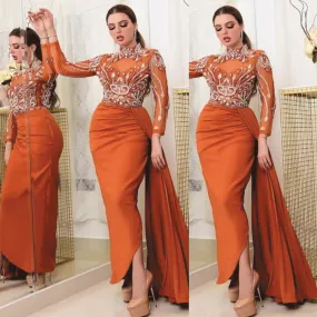 high neck orange evening dresses long sleeve crystals beaded mermaid arabic style evening gown