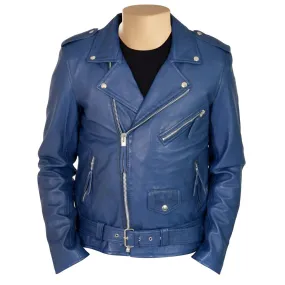 Kain Blue classic biker style leather jacket with belt