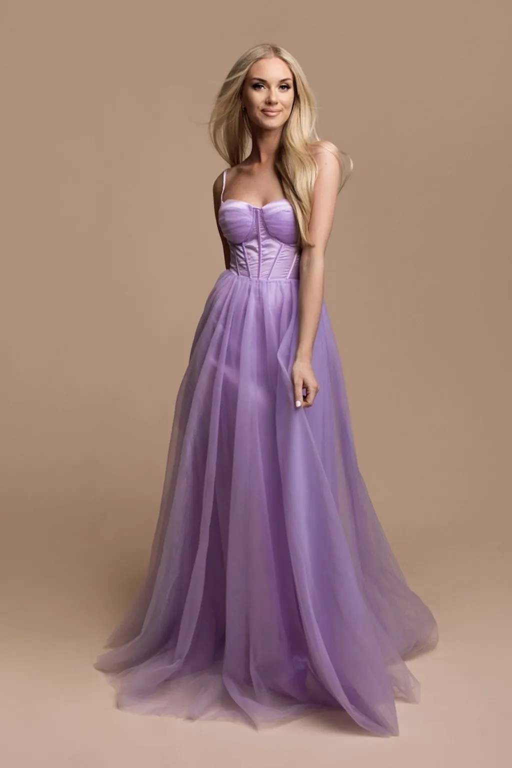 Long Tulle Prom Dress with an Adjustable Lace-Up Back