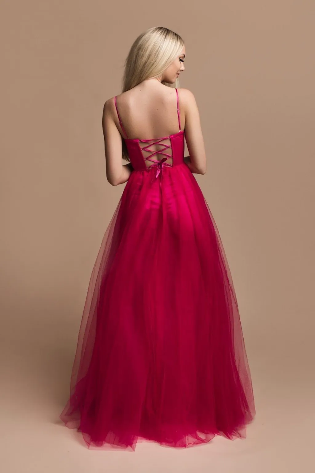 Long Tulle Prom Dress with an Adjustable Lace-Up Back