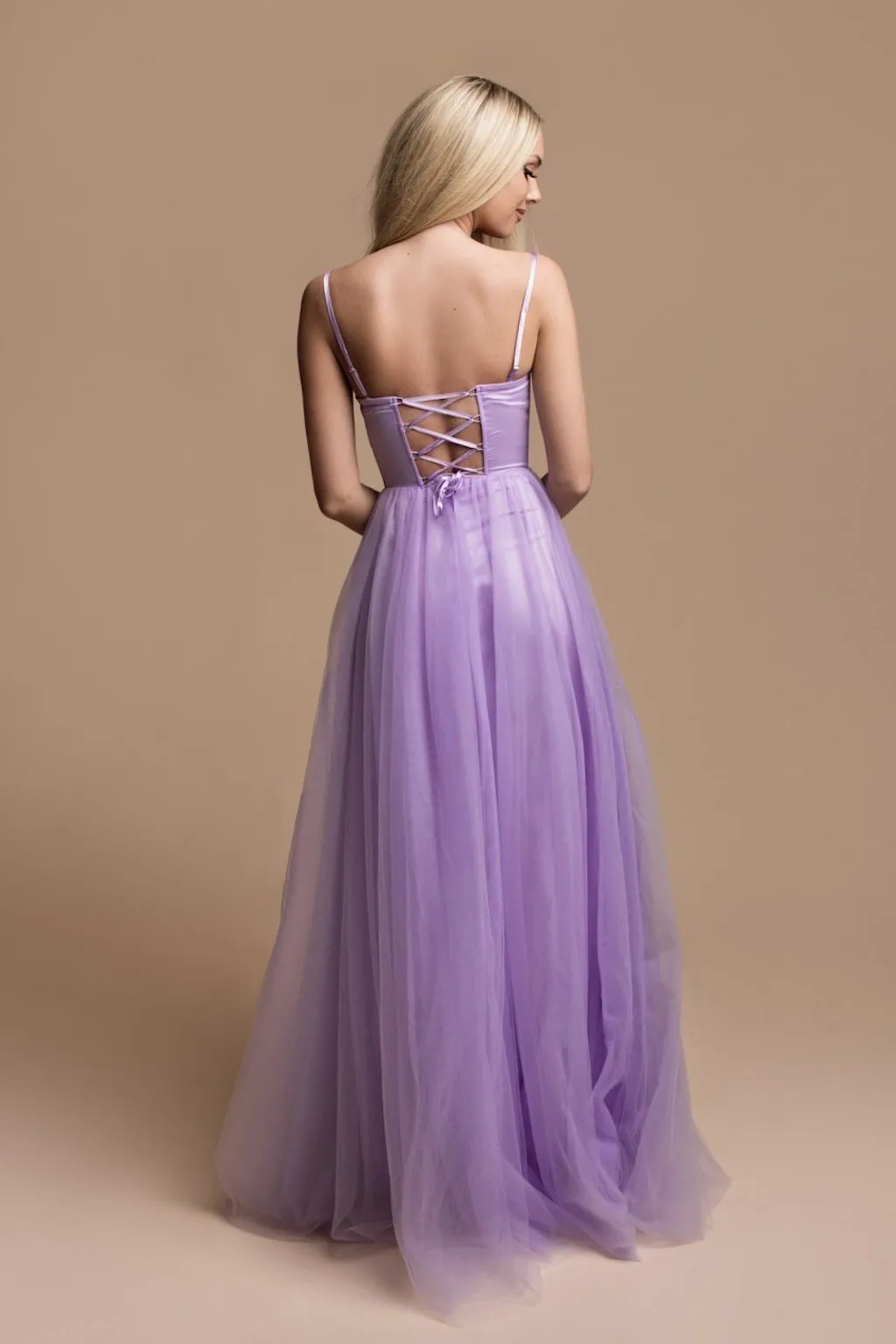 Long Tulle Prom Dress with an Adjustable Lace-Up Back