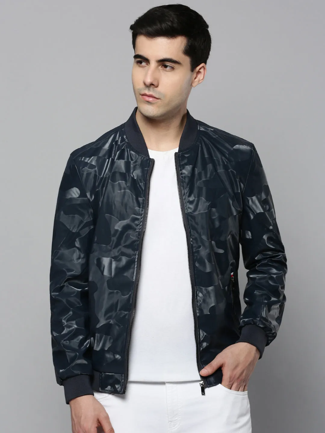 Men Hooded Solid Navy Blue Leather Jacket