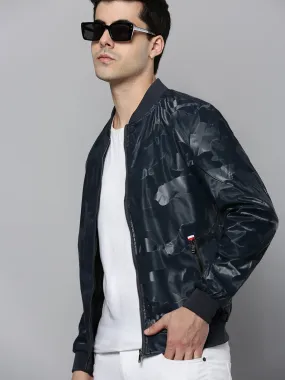 Men Hooded Solid Navy Blue Leather Jacket