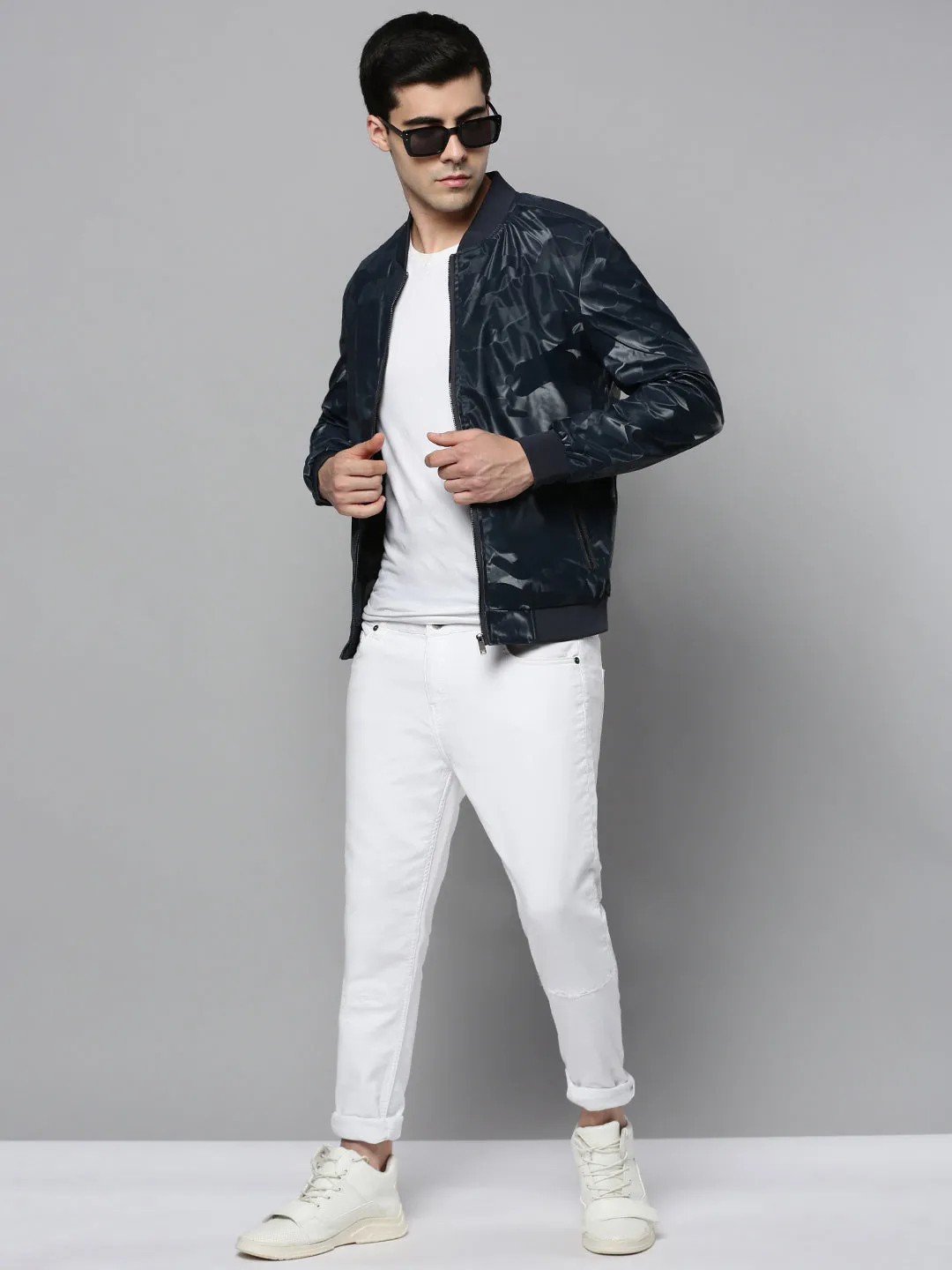 Men Hooded Solid Navy Blue Leather Jacket