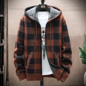 Mens Hooded Plaid Zipped Up Jacket