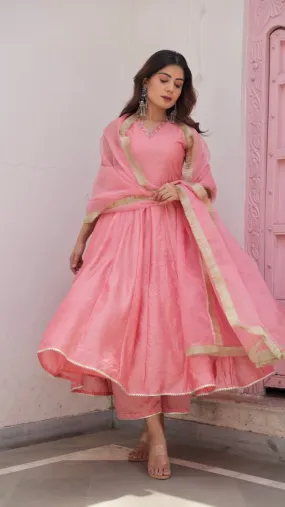 Pink Chanderi Zari work Anarkali with organza dupatta