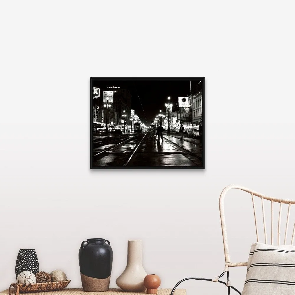 "1950's Night Scene Canal Street New Orleans Louisiana USA" Black Float Frame Canvas Art