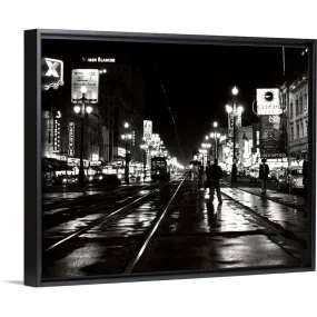 "1950's Night Scene Canal Street New Orleans Louisiana USA" Black Float Frame Canvas Art