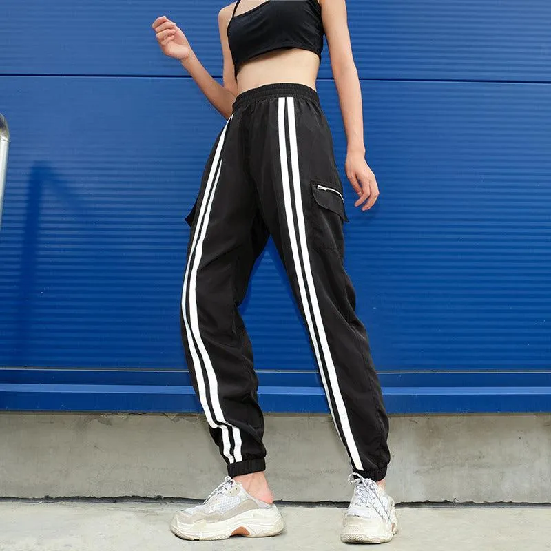 Reflective vertical stripes pocket zipper shrink casual sports pants female ins super fire hip hop hip hop harem pants tide