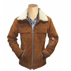 Tan Suede Bomber leather jacket with Fur collar