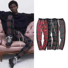 Vintage Scottish Plaid Drawstring Men Casual Pants