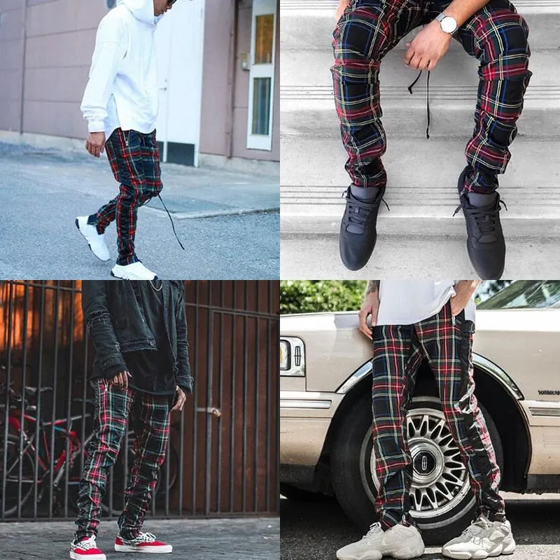 Vintage Scottish Plaid Drawstring Men Casual Pants