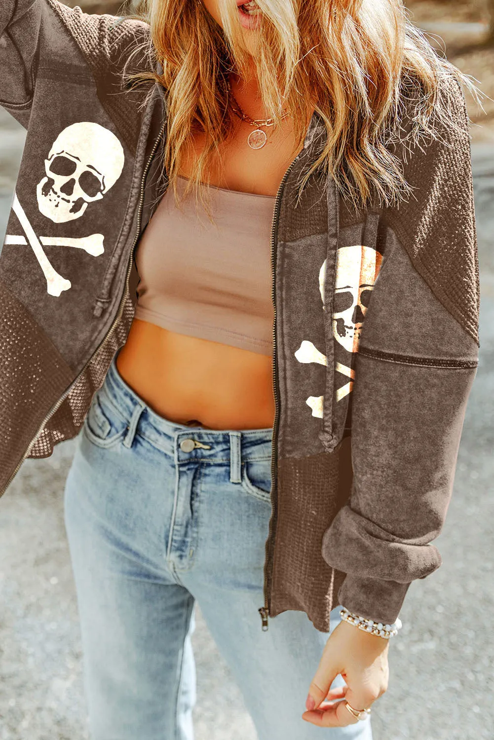 Women Patchwork Skull Zipper Hooded Drawstring Casual Jackets